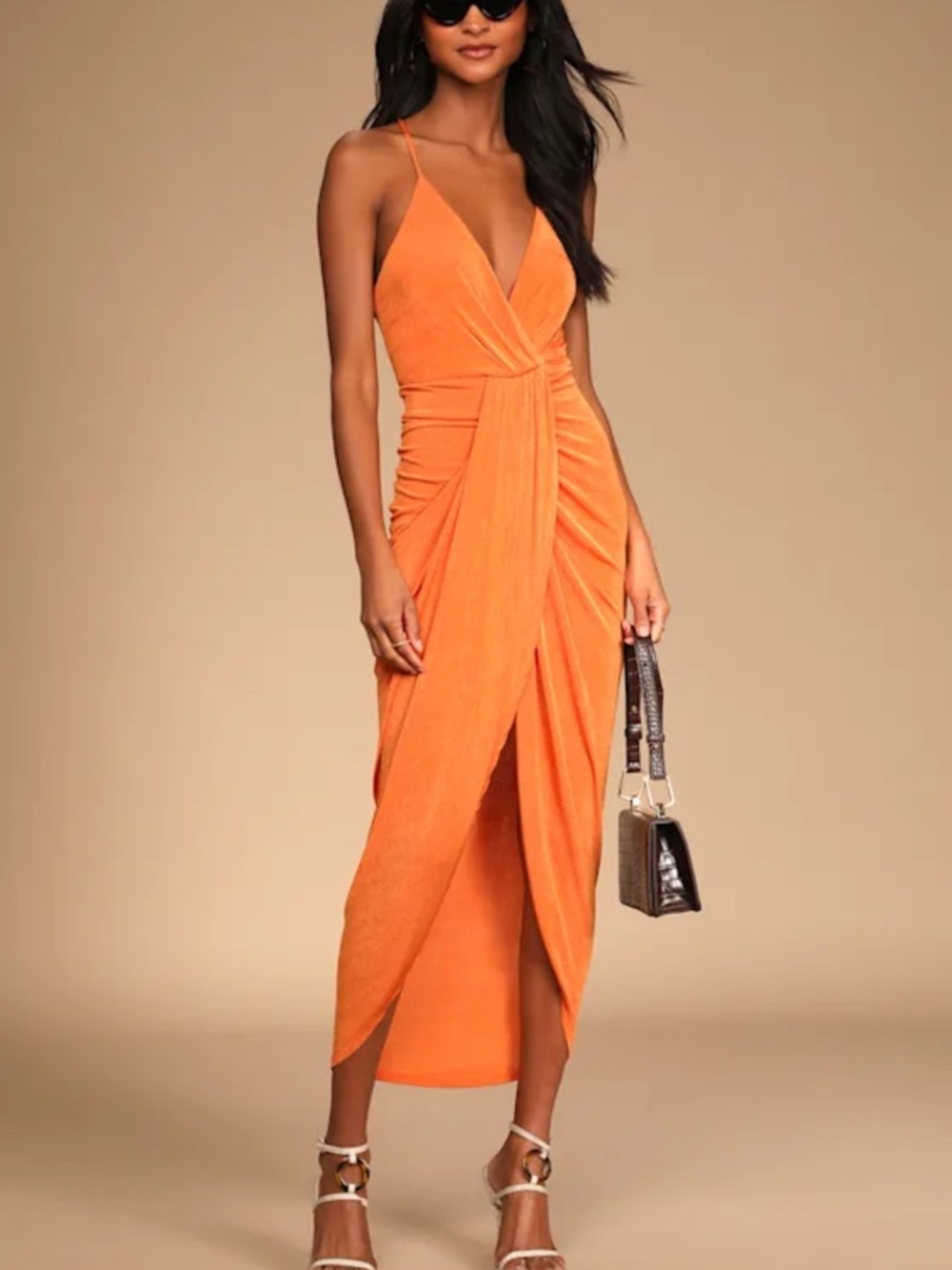 LIKE NEW Lulu's Vibrant Orange Ruched Wrap Midi Dress